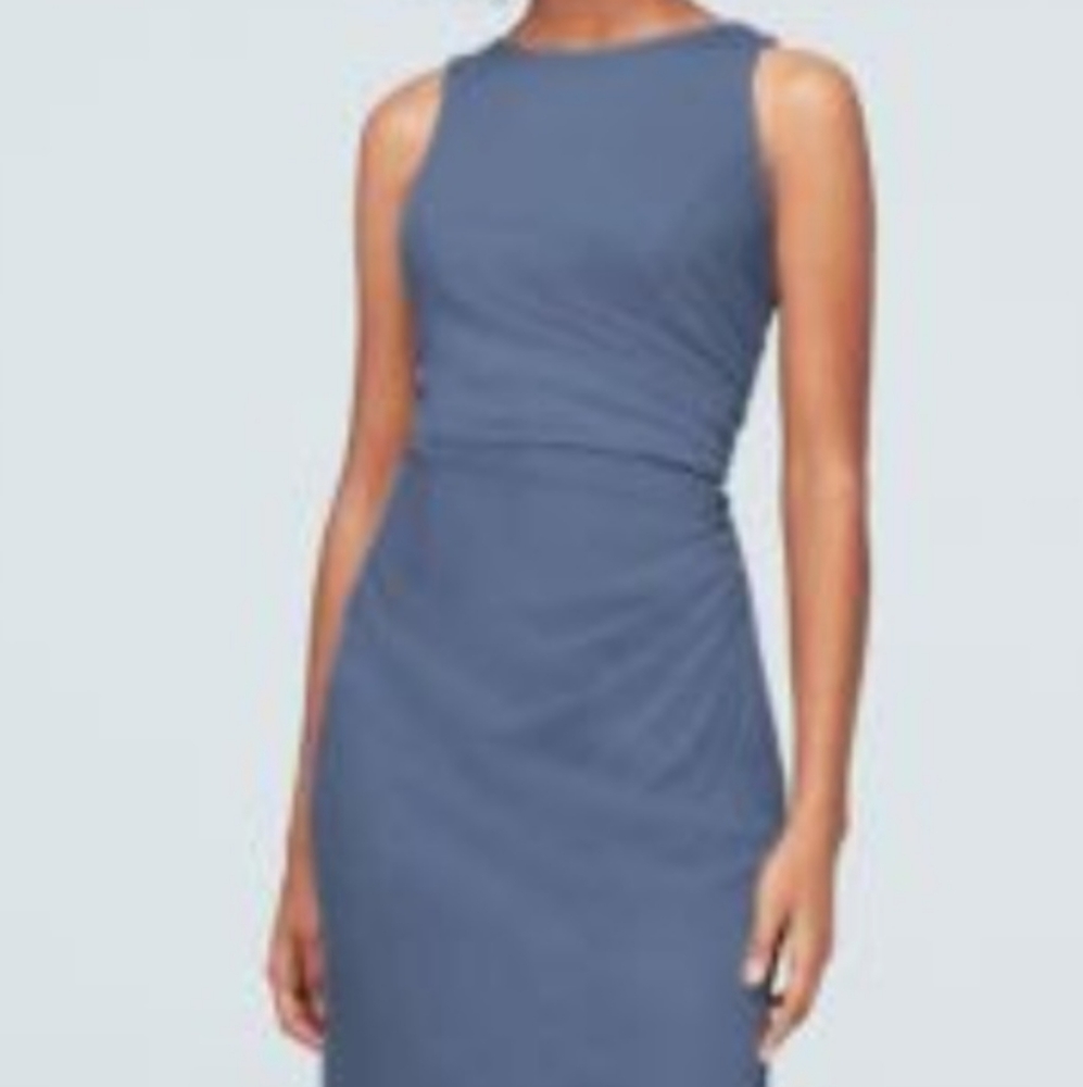 High-Neck Ruched Floor Length Mesh Dress (Steel Blue, Size 26)